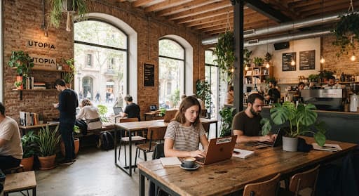 People working with laptops in a bright café